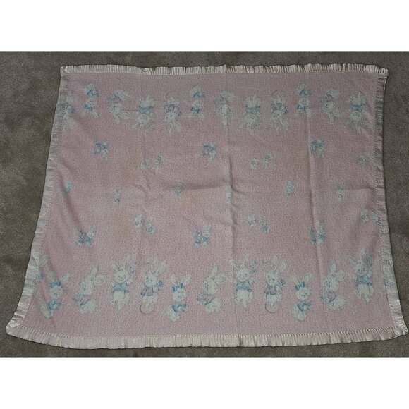 VTG Pink Baby Blanket White Blue Bunny Rabbits 35x40 Satin Trim READ